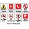 LPG safety signs including caution cylinder, electric switch, emergency number, fire extinguisher, mobile label, no flame open, no smoking, no unauthorized entry, water hose pipe, and first aid sign