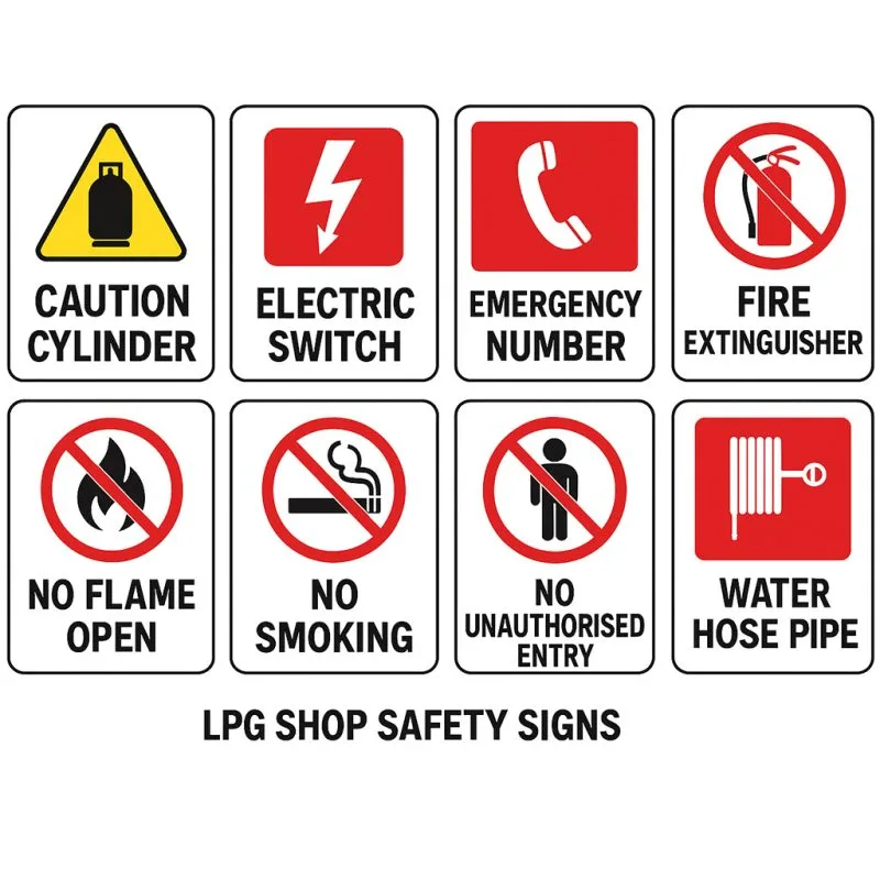 LPG safety signs including caution cylinder, electric switch, emergency number, fire extinguisher, mobile label, no flame open, no smoking, no unauthorized entry, water hose pipe, and first aid sign